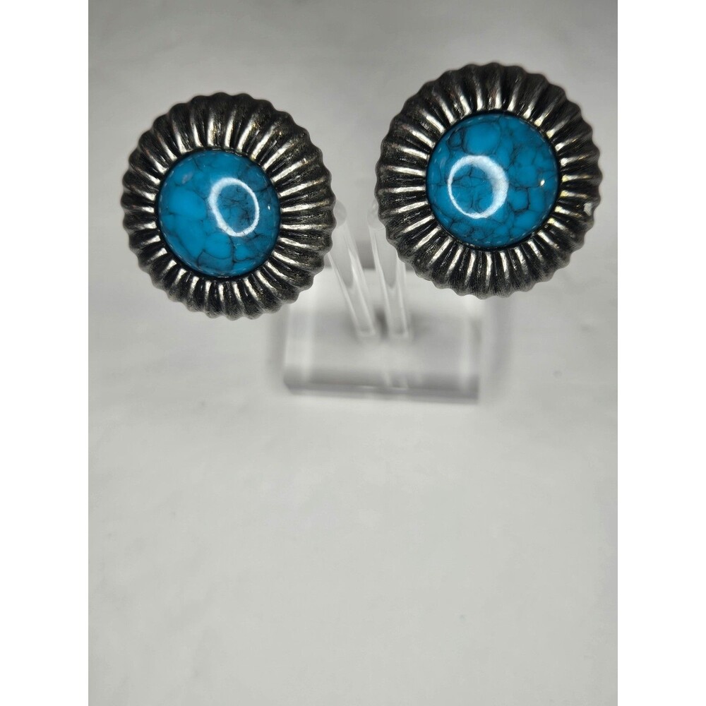 Silver Tone Clip On Earrings with Blue Speckled Cabachons